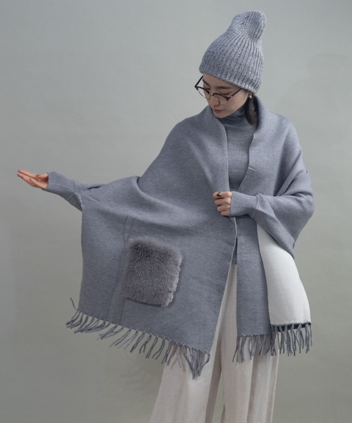 カーディガン ファーポケット ケープニットカーデ レディース