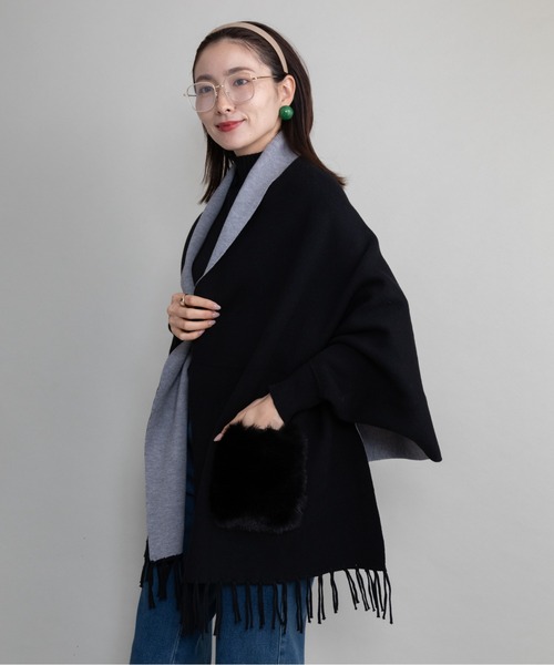 YONFA ヨンファ　ニットケープカーディガン (black) 新品 カーディガン ファーポケット ケープニットカーデ レディース