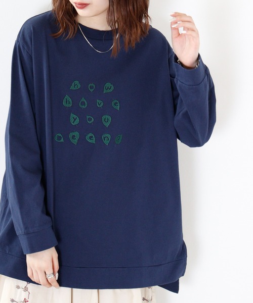 tシャツ EMAGO 葉っぱロゴ刺繍チュニック レディース