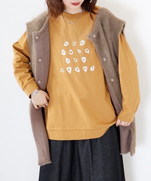 Emago tシャツ EMAGO 葉っぱロゴ刺繍チュニック レディース