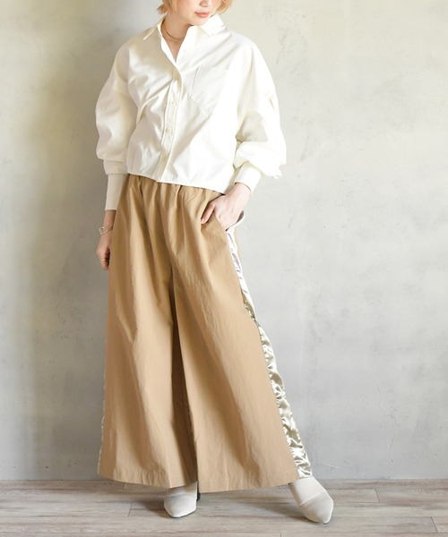 BITTOKO ダークグレー・青のサイドパネルワイドパンツ BITTOKO パンツ リラックスサイド切替パンツ レディース