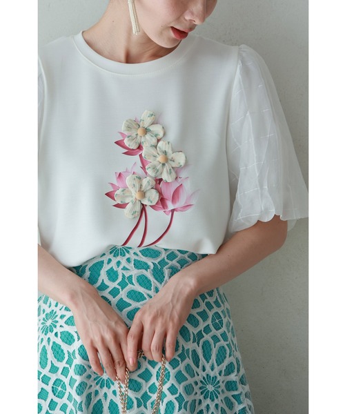 tシャツ チュールパフスリーブの立体ブーケTシャツトップス レディース