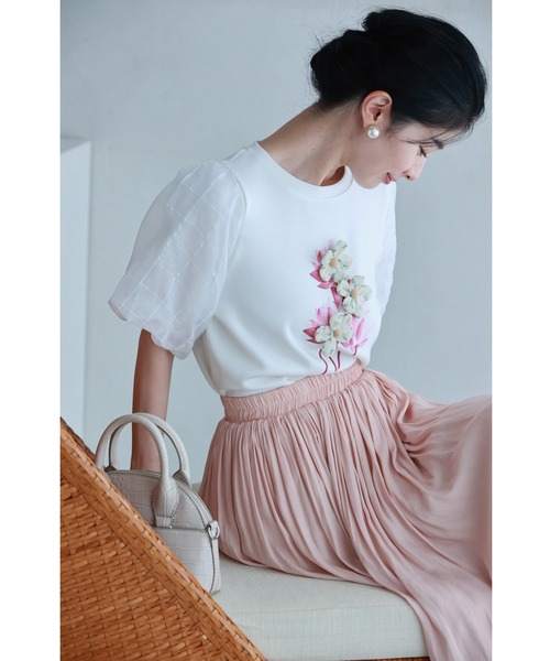 tシャツ チュールパフスリーブの立体ブーケTシャツトップス レディース cawaii tシャツ チュールパフスリーブの立体ブーケTシャツ