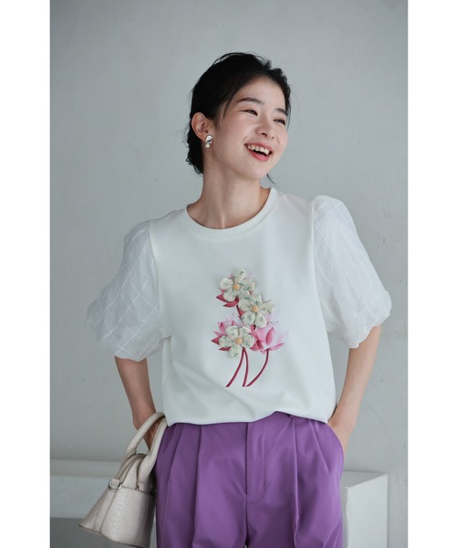 tシャツ チュールパフスリーブの立体ブーケTシャツトップス レディース cawaii tシャツ チュールパフスリーブの立体ブーケTシャツ