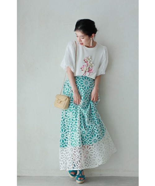 tシャツ チュールパフスリーブの立体ブーケTシャツトップス レディース cawaii tシャツ チュールパフスリーブの立体ブーケTシャツ