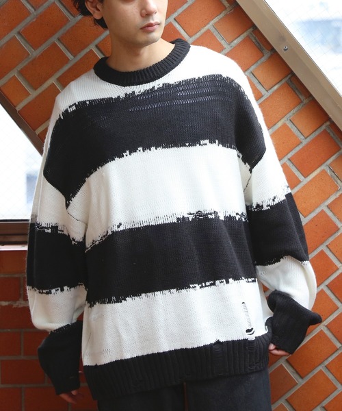 新品】定価の30%OFF！MM6ボーダーニットダメージ加工
