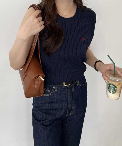 美品 リネン　バーバリーブラックレーベル サマーニット ケーブル 刺繍 nelliy. サマーニット ニット セーター ミニケーブル編ロゴ刺繍