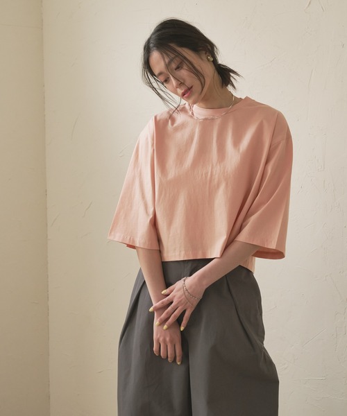 tシャツ クルーネック五分袖ワイドカットソー-手洗い可- レディース
