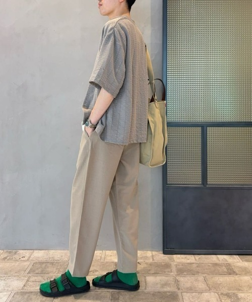ムッシュ榊　グレーの五分袖カーディガン、タンクトップ アンサンブル 抗菌防臭ミラノリブ編みウォッシャブルボタンレス長袖