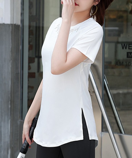 HYS SHOP レディース 半袖メッシュヨガウェアトップスチュニック
