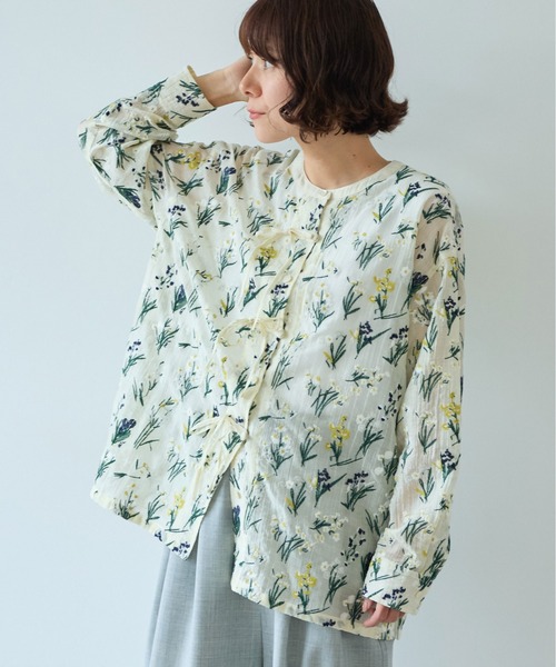 yuni ブラウス シャツ Floral embroidely ribon シャツ レディース