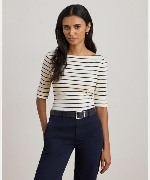 (取寄) ローレン ラルフローレン レディース ストライプド ストレッチ コットン ボートネック ティー Lauren Ralph Lauren women Striped Stretch Cotton Boatneck Tee Dark Garnet/Mascarpone Cream LAUREN RALPH LAUREN（ローレン ラルフローレン） tシャツ ストライプ