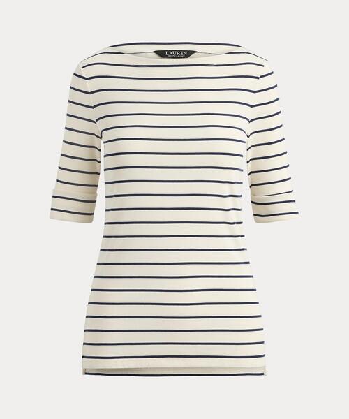 tシャツ ストライプド ストレッチ コットン ボートネック Tシャツ レディースの画像
