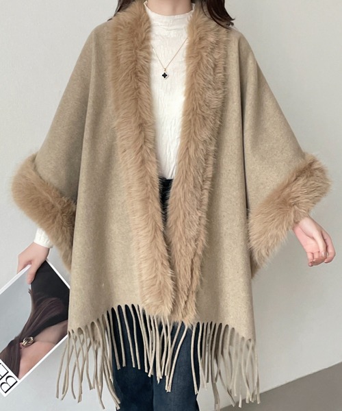 emi+ ポンチョ フリンジファードッキングメルトンポンチョ レディース