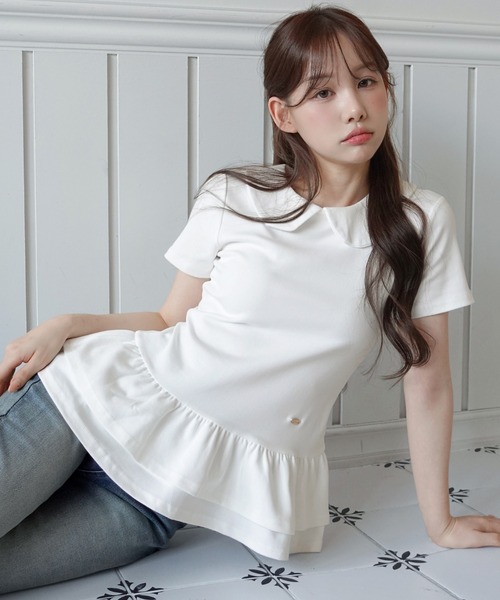 by muni:r tシャツ 「by muni:r LOGO」カラーフリルペプラムTシャツ