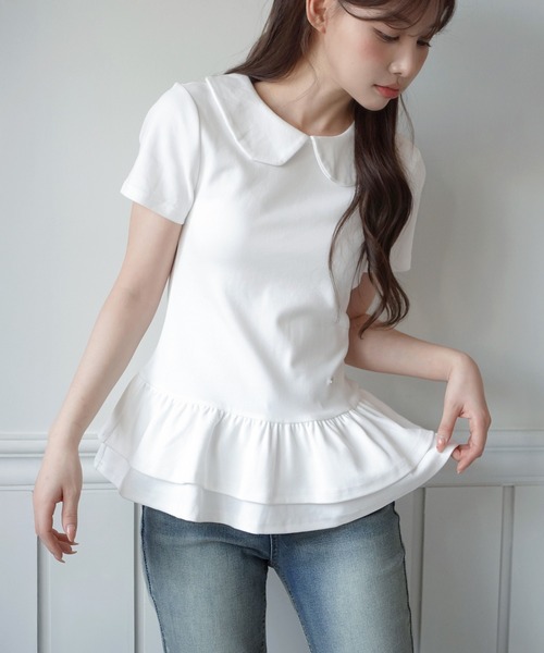 by muni:r tシャツ 半袖 「by muni:r LOGO」カラーフリルペプラムT