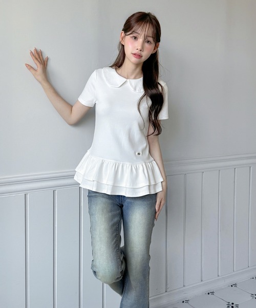by muni:r tシャツ 「by muni:r LOGO」カラーフリルペプラムTシャツ