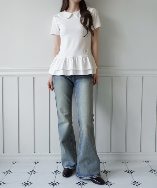 by muni:r tシャツ 「by muni:r LOGO」カラーフリルペプラムTシャツ