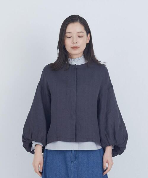 ジャケット ノーカラージャケット リネンボリュームスリーブジャケット レディース