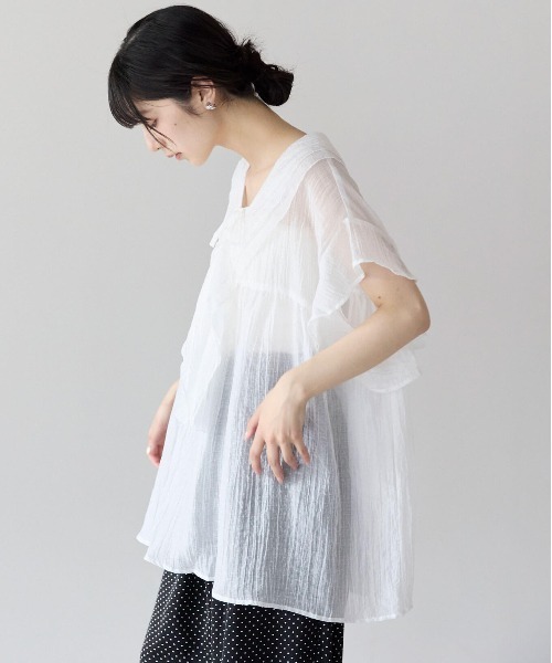 美品✨アルベロベロ　ぶたさん刺繍　フリル　チュニック　ブラウス　ワイド　前開き ポケット ブラウス シャツ フリルチュニックブラウス レディース
