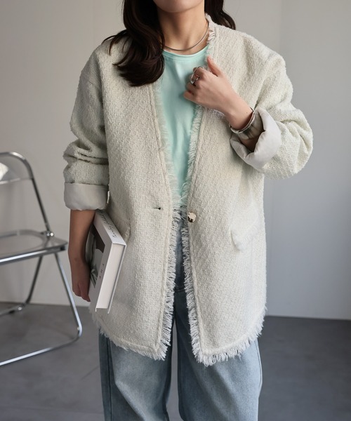 ブラミンク♡ノーカラーツイードジャケット ap retro ジャケット ノーカラージャケット ツイードポケットノー