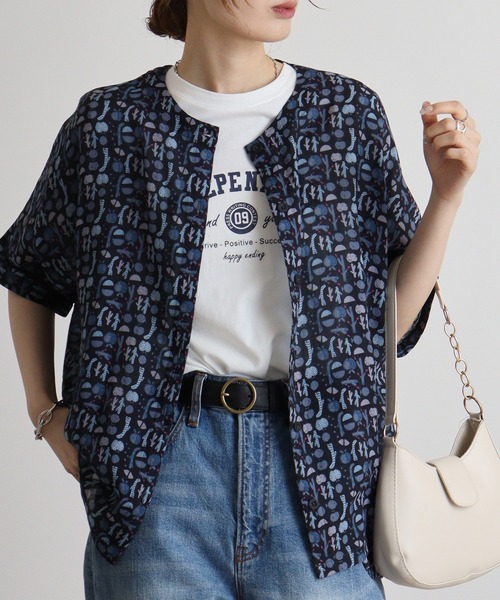 ブラウス シャツ EMAGO リンゴ水彩総柄プリントブラウス レディース Emago ブラウス シャツ EMAGO リンゴ水彩総柄プリントブラウス