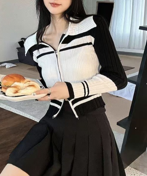トップス akechan AsheKsha tシャツ ジップアップショート丈配色トップス