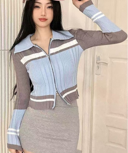 AsheKsha tシャツ ジップアップショート丈配色トップス
