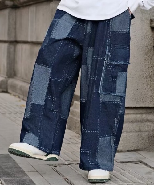 link lot ジーンズ パッチワークワイドデニムパンツ メンズ レディース