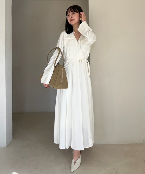 anuans ワンピース ダブルサテンノーカラータックワンピース