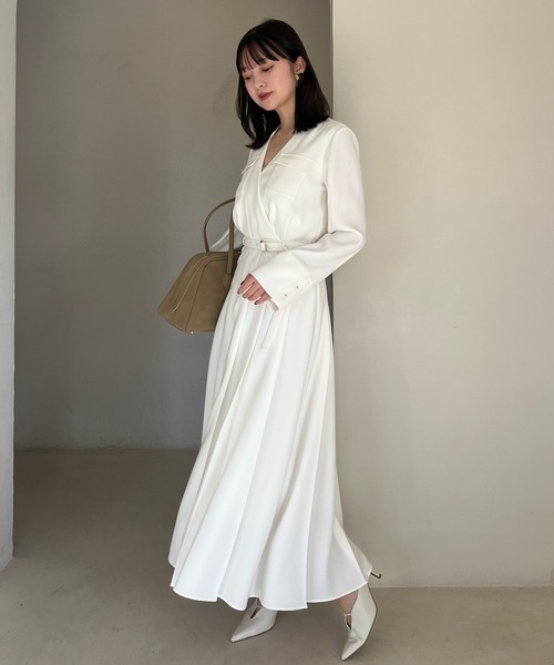 anuans ワンピース ダブルサテンノーカラータックワンピース