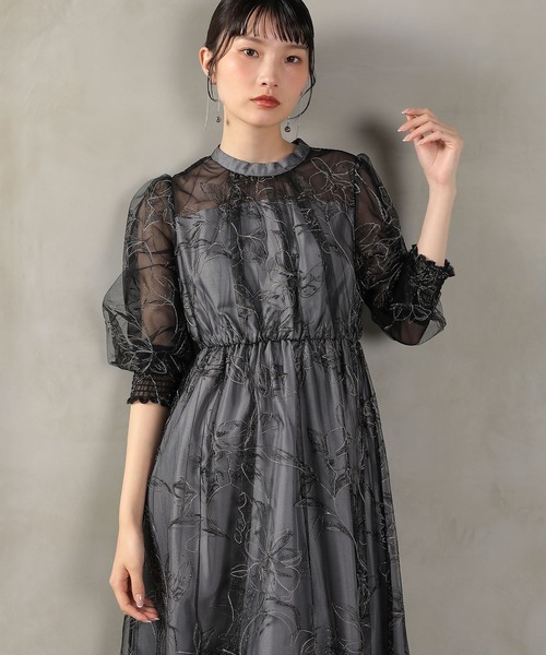 Kana ドレス フラワー ラメ刺繍 シアー七分袖 フレアドレス パーティー