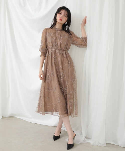 Kana ドレス フラワー ラメ刺繍 シアー七分袖 フレアドレス パーティー