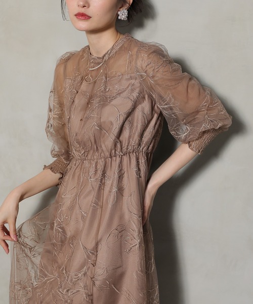 Kana ドレス フラワー ラメ刺繍 シアー七分袖 フレアドレス パーティー