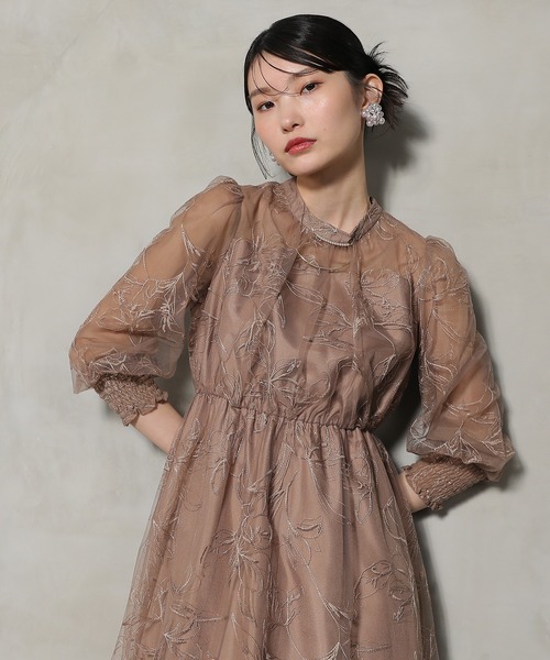KANA フラワー刺繍 シアー袖 マキシドレス M ブラウン Kana ドレス フラワー ラメ刺繍 シアー七分袖 フレアドレス パーティー