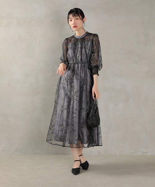 Kana ドレス フラワー ラメ刺繍 シアー七分袖 フレアドレス パーティー