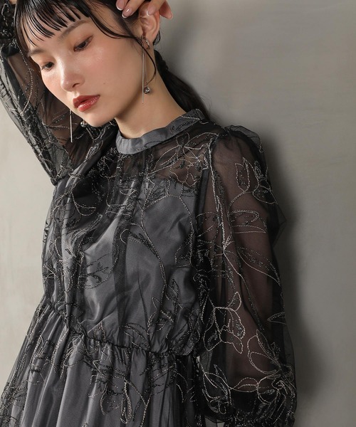 Kana ドレス フラワー ラメ刺繍 シアー七分袖 フレアドレス パーティー