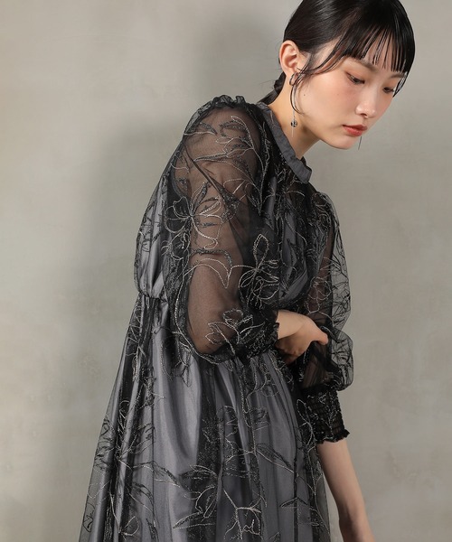 Kana ドレス フラワー ラメ刺繍 シアー七分袖 フレアドレス パーティー