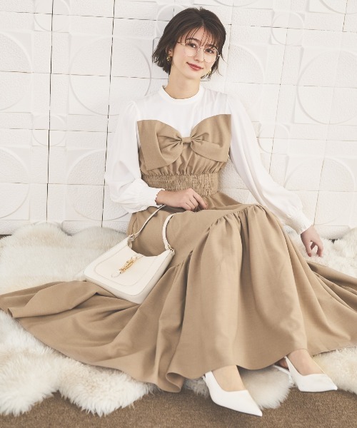 最終価格！M's カタログ リボン aライン ベージュ ワンピース 近年モデル AND COUTURE（アンドクチュール） ワンピース フロントリボン