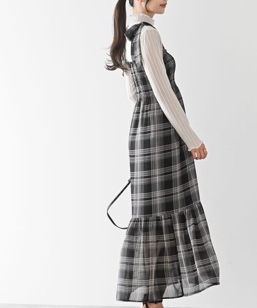r・p・s ワンピース シフォンチェック柄シャーリング肩リボン