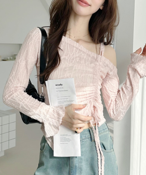 Ada. tシャツ アシンメトリー ネックデザイン ドロスト リボン レース