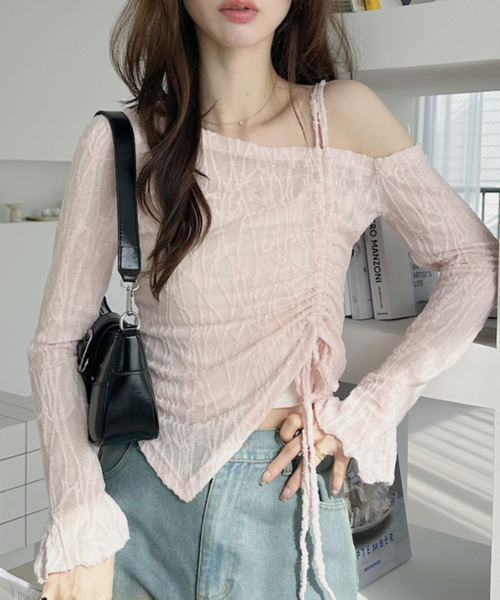 Ada. tシャツ アシンメトリー ネックデザイン ドロスト リボン レース