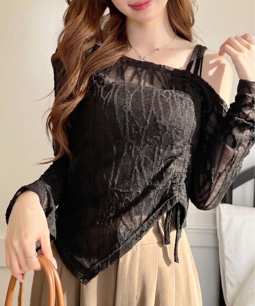 Ada. tシャツ アシンメトリー ネックデザイン ドロスト リボン レース