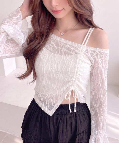 Ada. tシャツ アシンメトリー ネックデザイン ドロスト リボン レース