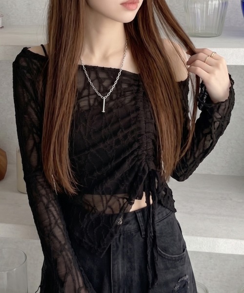 Ada. tシャツ アシンメトリー ネックデザイン ドロスト リボン レース
