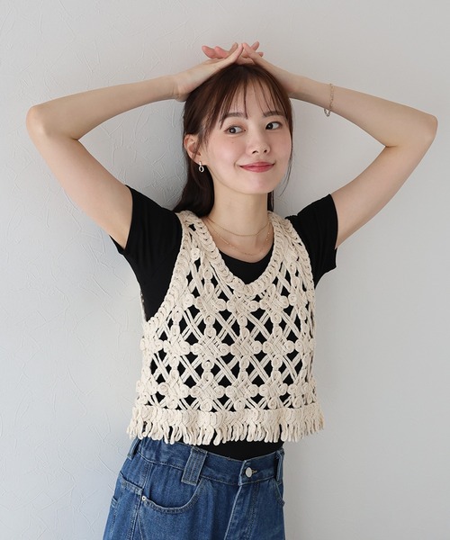 BLUEEAST ベスト ジレ クロシェ編みショートベスト レディース