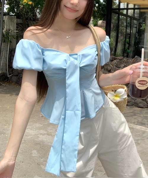 ブラウス シャツ パフスリーブオフショルボータイブラウス レディース