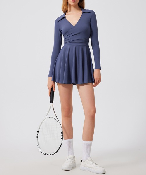 レディース 長袖襟付きVネックハイウエストワンピース+ショートパンツ 上下2点セット「スポーツ/フィットネス/ヨガ/ピラティス」「トレーニングウェア/ジ… | HYS SHOP | 10