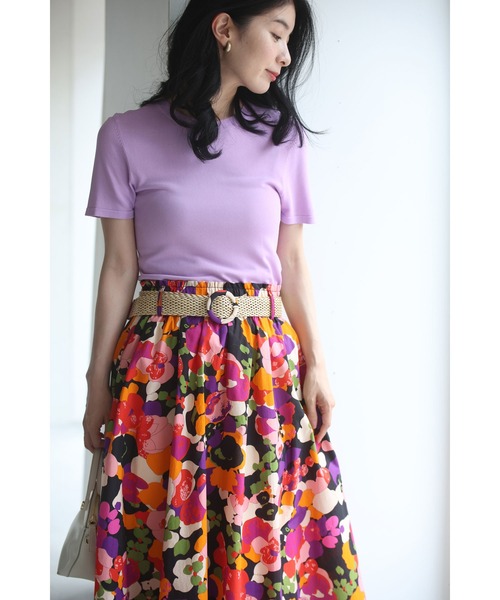 cawaii スカート 彩り溢れる花モチーフ柄ミディアムスカート（ベルト