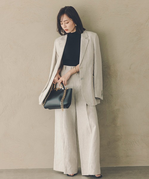 anuans ノーカラージャケット　ベージュ ノーカラーニットジャケット